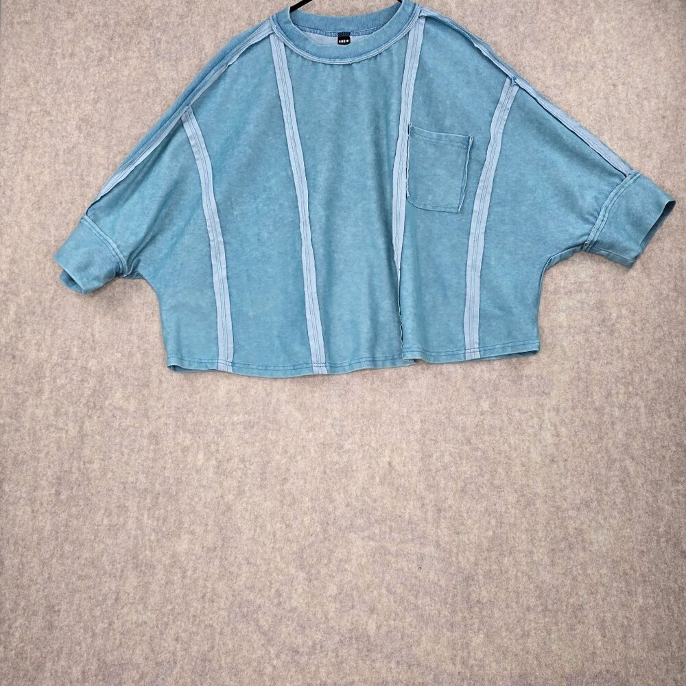 Shein Womens Oversized Cropped Batwing Tee Blue Cotton Blend Casual Top L